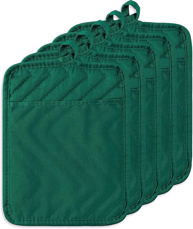 5Pack Pocket Pot Holders Cotton Heat Resistant Potholder Multipurpose Hot Pads Machine Washable Oven Mitts Heat Pads for Daily Kitchen Baking and Cooking 8.9 x 6.9 in Dark Green