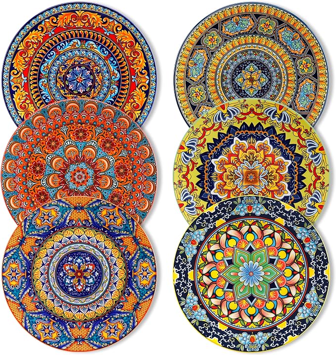 vancasso Colorful Dinner Plates Set of 6, 10.5 Inch Ceramic Kitchen Plates | Boho Dinner Plates Set, Bohemian Printed Dishes for Dining, Microwave & Dishwasher Safe Plate Set, Series KRVI