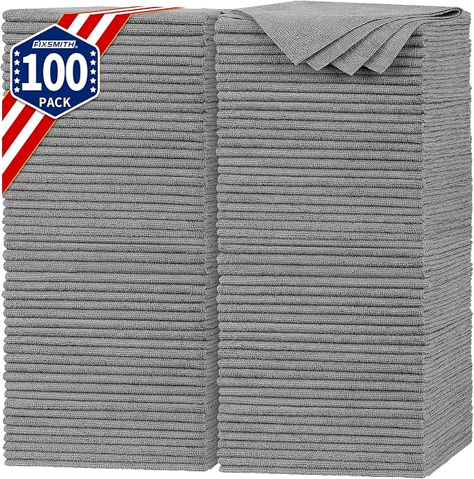 Shop Towels, Pack of 100, Grey Microfiber Cleaning Cloth Bulk, Microfiber Towels for Cars, All-Purpose Absorbent Cleaning Rags, Dust Cloth for Automotive, Mechanic, Garage, 11.5 x 11.5 inch