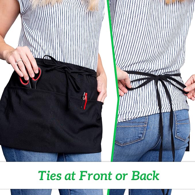 Server Aprons with 3 Pockets - Waist Apron, Waitress Apron for Women and Man, Water Resistant with Long Waist Strap Reinforced Seams, Half Apron (12 Pack - Black)