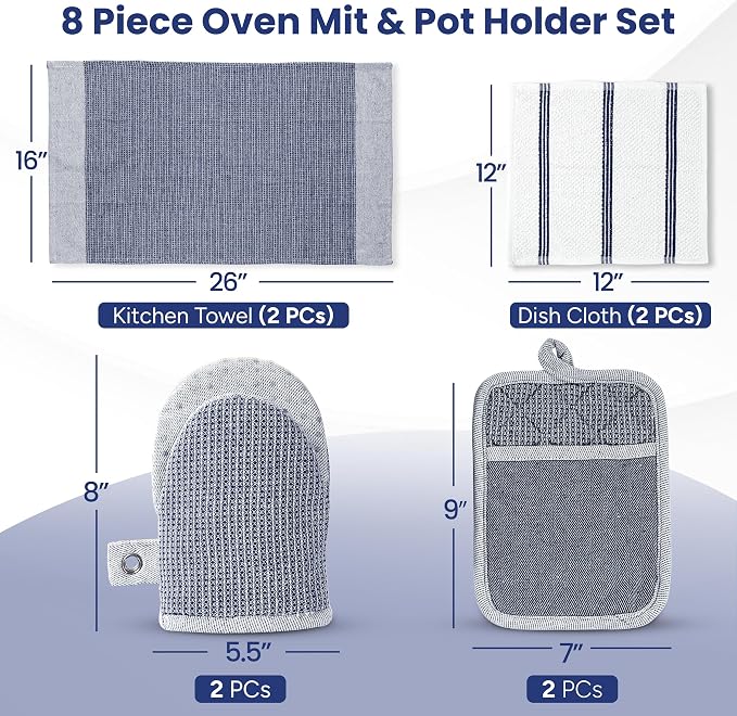 Casa Platino Mini Oven Mitts Set, 8-Piece – 500°F Heat Resistant Silicone Oven Mitt, Potholders for Kitchens, 2 Kitchen Towels & 2 Dish Cloths – Non-Slip & Durable – Indigo