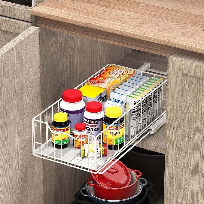 Simple Houseware Pull-Out Cabinet Sliding Basket, 17.2Dx9.7Wx5H, White | Ideal for Kitchen and Bathroom Cabinet Storage Organizer, Under Sink or Pantry Organization