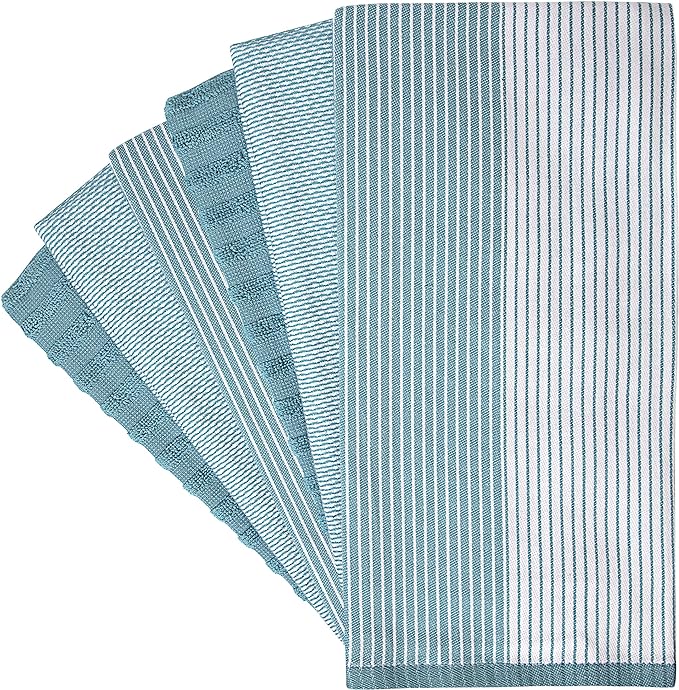 Premium Kitchen Towels 6 Pack 100% Cotton, 20"x28" Dish Towels - Aqua | Large Flat & Terry Kitchen Linen Set with Hanging Loops, Highly Absorbent for Washing and Drying Dishes