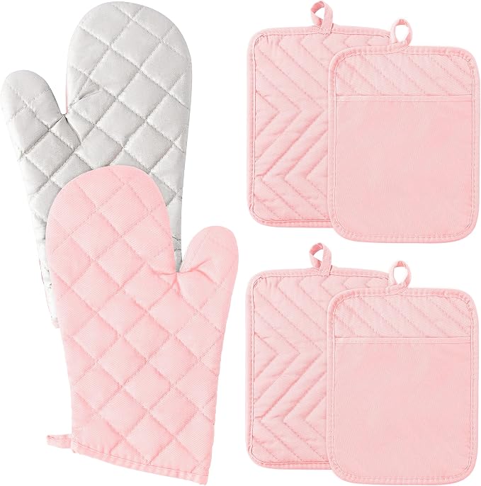 6Pcs Cotton Oven Mitts and Pot Holders Set Heat Resistant Hot Pads Durable Pocket Pot Holder Machine Washable BBQ Gloves with Hanging Loop for Safe Kitchen Baking Cooking Grilling Pink