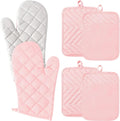 6Pcs Cotton Oven Mitts and Pot Holders Set Heat Resistant Hot Pads Durable Pocket Pot Holder Machine Washable BBQ Gloves with Hanging Loop for Safe Kitchen Baking Cooking Grilling Pink