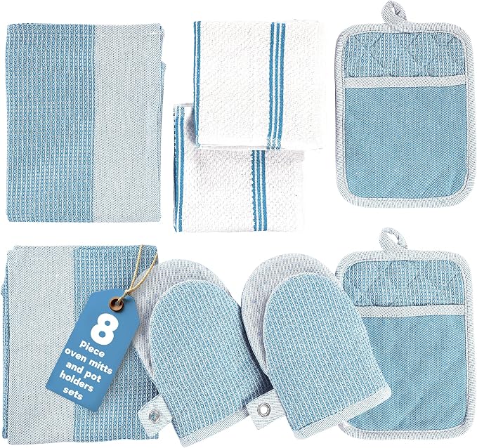 Casa Platino Silicone Oven Mitts Set, 8-Piece – 500°F Heat Resistant Mini Oven Mitt, Potholders for Kitchens, 2 Kitchen Towels & 2 Dish Cloths – Durable, Non-Slip & Machine Washable – Cornflower