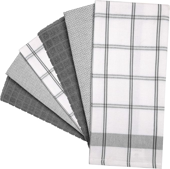 Premium Kitchen Towels 6 Pack 100% Cotton, 20"x28" Dish Towels - Grey Check | Large Flat & Terry Kitchen Linen Set with Hanging Loops, Highly Absorbent for Washing and Drying Dishes
