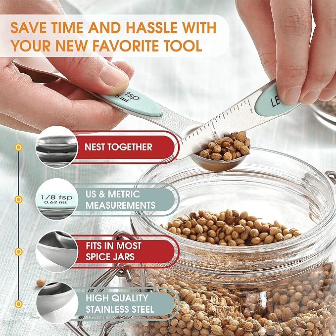 Spring Chef Stainless Steel 8 Magnetic Measuring Spoons for Kitchen, Mint | Dual Sided Metal Teaspoon & Tablespoon Measuring Spoons with Leveler for Dry & Liquid Ingredients, Nesting, Dishwasher Safe