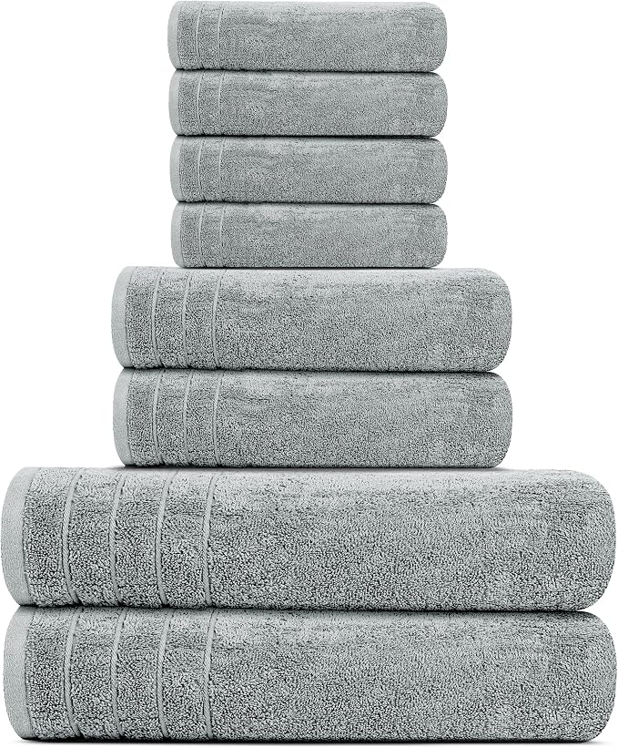 8 Piece Towel Set, 2 XL Bath, 2 Hand, 4 Washcloth, Cool Grey | 100% Cotton, Lighter Weight, Quicker to Dry, Super Absorbent, Perfect for Bathroom