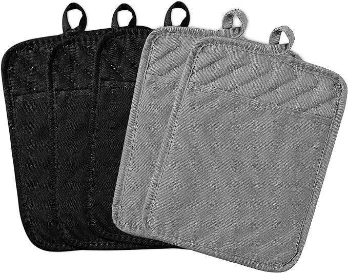 5Pack Pot Holders for Kitchen Heat Resistant Cotton Potholder Multipurpose Hot Pad Machine Washable Oven Mitts with Pocket Potholders for Baking and Cooking 8.9 x 6.9 in Gray Black