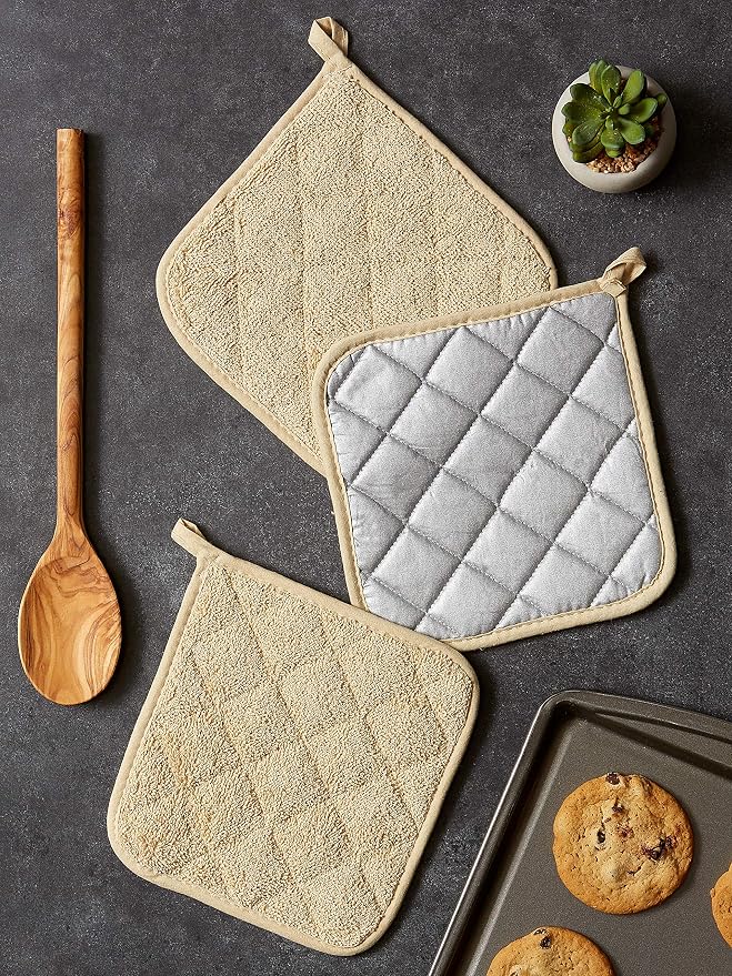 DII Basic Terry Collection Quilted 100% Cotton, Potholder, Pebble, 3 Piece