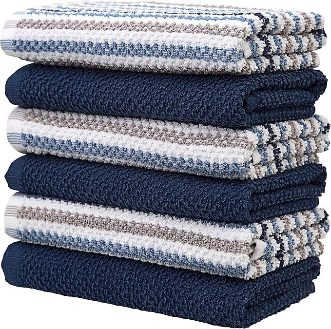 Premium Kitchen Towels (16”x 26”, 12 Pack) | Large Cotton Kitchen Hand Towels | Popcorn Striped Design | Dish Towels | 430 GSM Highly Absorbent Tea Towels Set with Hanging Loop | Blue