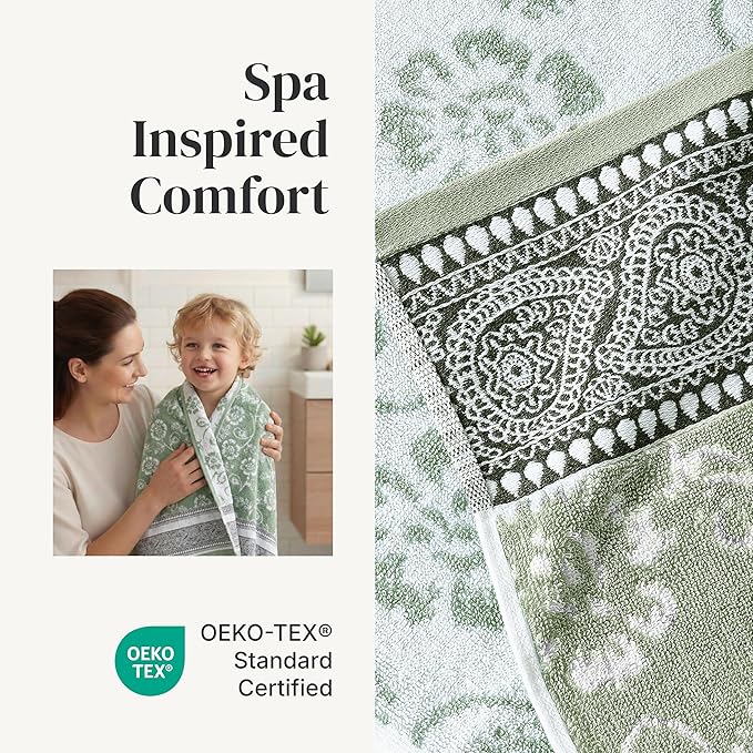 Modern Threads 6 Piece Bath Towel Set – Bathroom Set with 2 Bath Towels, 2 Hand Towels, and 2 Wash Cloths – 100% Cotton, Super Absorbent & Extra Soft – Reversible Floral Trail (Sage Green)