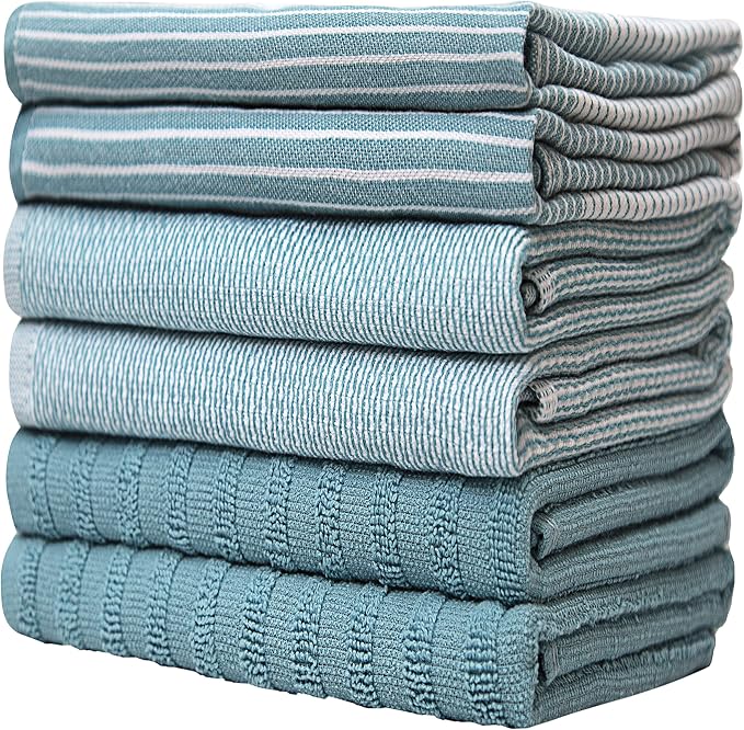 Premium Kitchen Towels 6 Pack 100% Cotton, 20"x28" Dish Towels - Aqua | Large Flat & Terry Kitchen Linen Set with Hanging Loops, Highly Absorbent for Washing and Drying Dishes