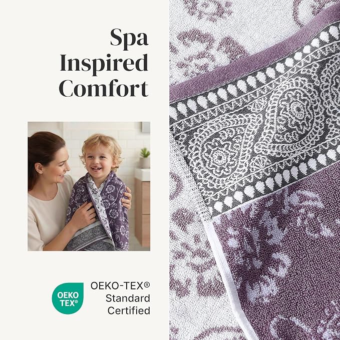Modern Threads 6 Piece Bath Towel Set – Bathroom Set with 2 Bath Towels, 2 Hand Towels, and 2 Wash Cloths – 100% Cotton, Super Absorbent & Extra Soft – Reversible Floral Trail (Purple)