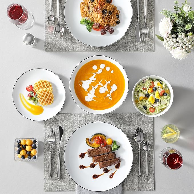 MALACASA 24-Piece Porcelain Dinnerware Set, with Black Rim Dish Set for 6 | Modern White Serving Plates and Bowls Sets for Dessert, Salad, Soup, Pasta, Microwave & Dishwasher Safe - Series AMELIA