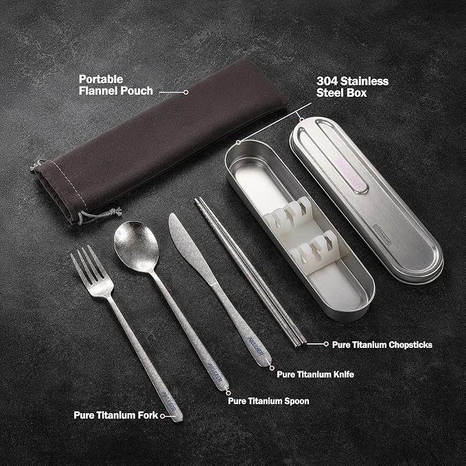 iNKULEER 100% Pure Titanium Travel Cutlery Set | Reusable Utensils with Metal Case | Portable Silverware for Camping, Office, Travel & Outdoor Dining