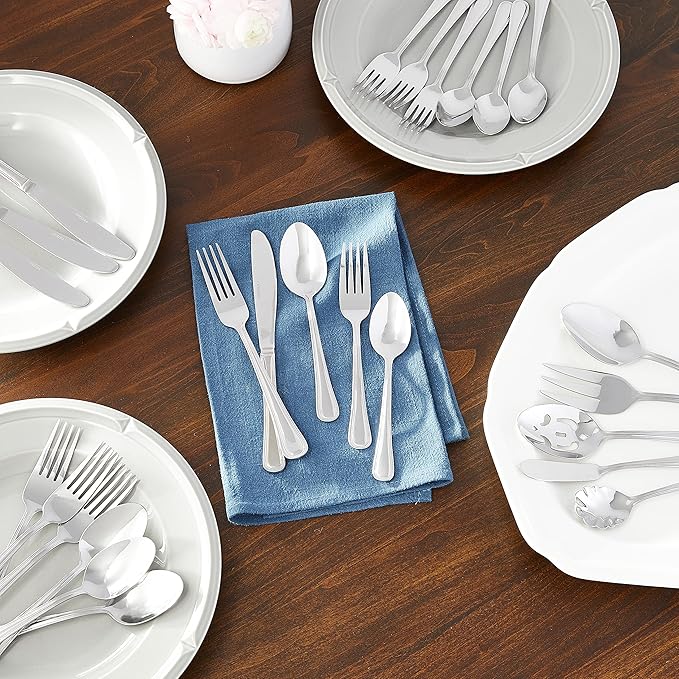 Oneida Tress 62-Piece 18/0 Silverware Set for 8, Flatware | mirror finish, dishwasher safe | includes serving spoons and utensil set | cutlery set, wedding silverware