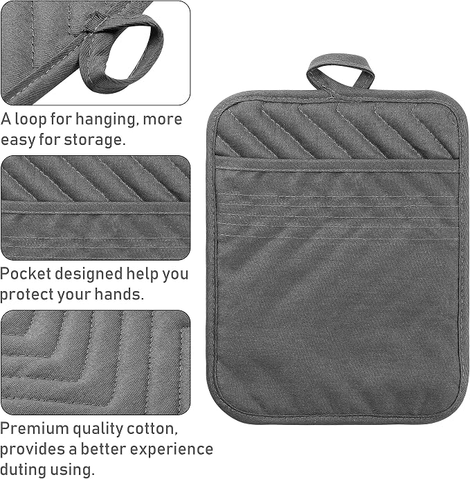 5Pack Pocket Pot Holders Cotton Heat Resistant Potholder Multipurpose Hot Pads Machine Washable Oven Mitts Cooking Pads Bulk for Daily Kitchen Baking and Cooking 8.9 x 6.9 Inch Grey