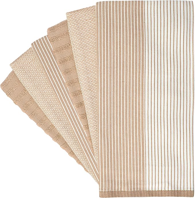 Premium Kitchen Towels 6 Pack 100% Cotton, 20"x28" Dish Towels - Tan | Large Flat & Terry Kitchen Linen Set with Hanging Loops, Highly Absorbent for Washing and Drying Dishes