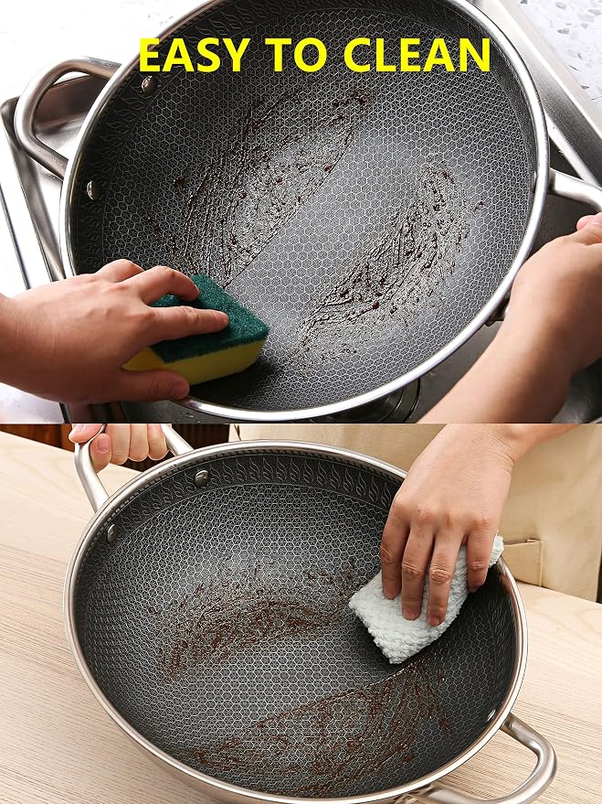 Hikaru 12.5” Wok Pan with Dual Honeycomb Wok Stainless Steel Wok Pan with Nonstick Coating, Frying Pans Cookware, Two Handles,Works with Induction ,Gas, Electric, Ceramic Furnace Stove, Without Lid