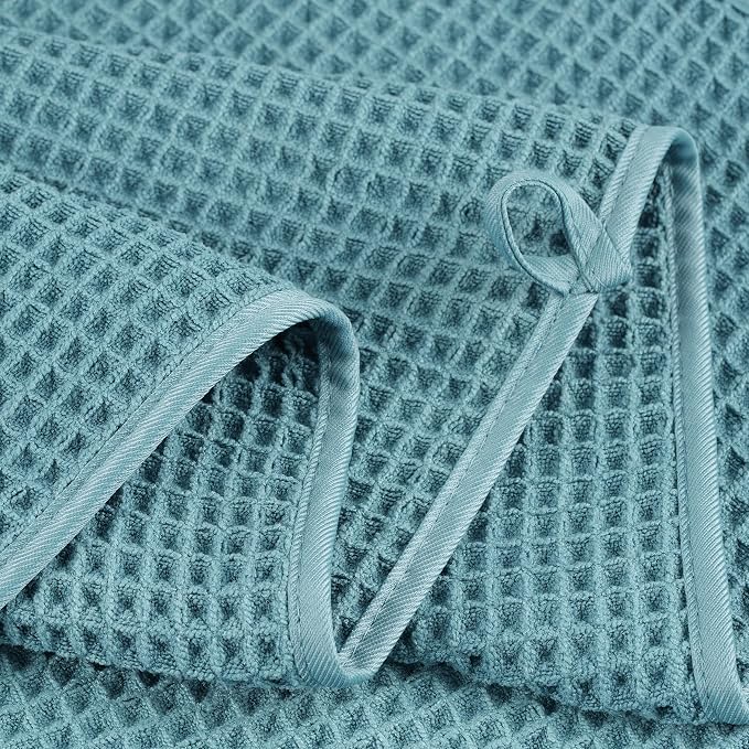 POLYTE 430 GSM Poly Blend Microfiber Quick Dry Waffle Bath Towel Set of 6 | 2-Body Towels, 2-Hand Towels, 2-Wash cloths, Oversize, Lint Free