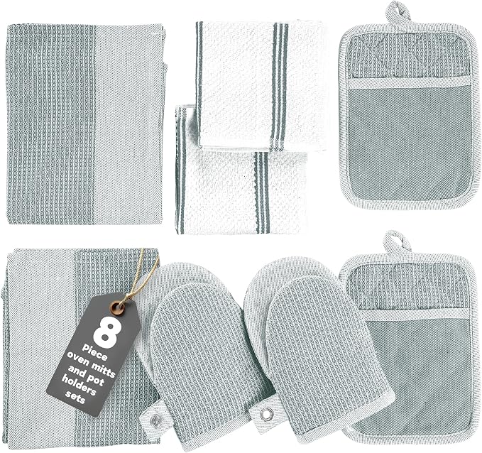 Casa Platino 8-Piece Mini Oven Mitt & Pot Holder Set – 500°F Heat Resistant with Silicone Grip, Includes 2 Kitchen Towels & 2 Dish Cloths for Drying – Non-Slip, Durable, Machine Washable – Grey