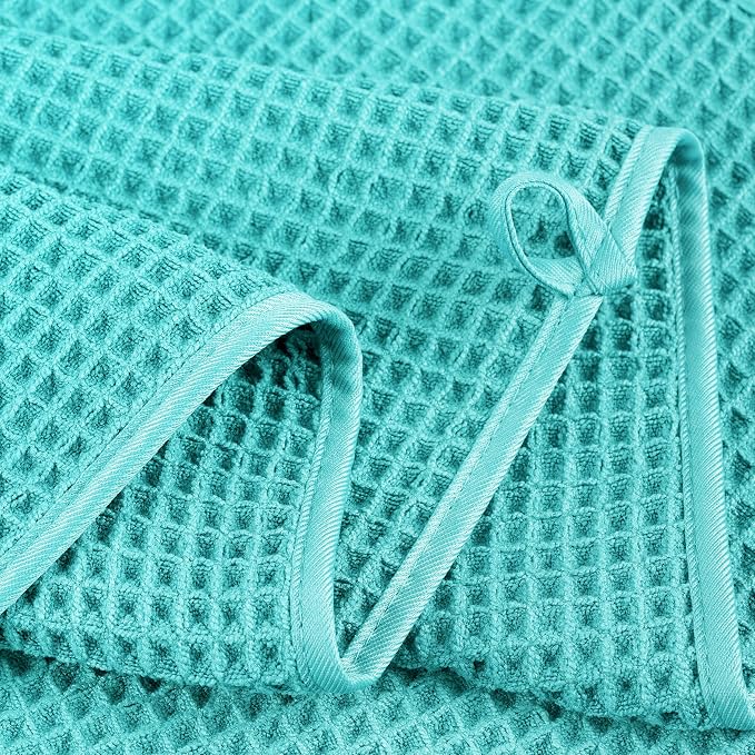 POLYTE 430 GSM Poly Blend Microfiber Quick Dry Waffle Bath Towel Set of 6 | 2-Body Towels, 2-Hand Towels, 2-Wash cloths, Oversize, Lint Free