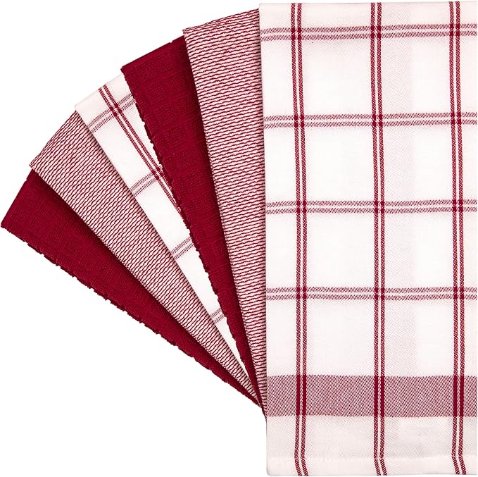 Premium Kitchen Towels 6 Pack 100% Cotton, 20"x28" Dish Towels - Red Check | Large Flat & Terry Kitchen Linen Set with Hanging Loops, Highly Absorbent for Washing and Drying Dishes