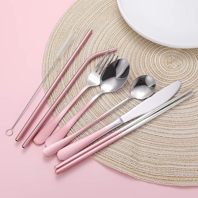 Travel Utensils,Reusable Silverware Set To Go Portable Cutlery Set with a Waterproof Carrying Case for Lunch Boxes Workplace Camping Picnic (GraPink)