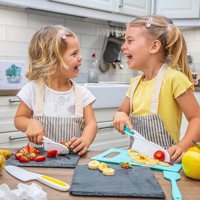 Toddler Knife Set for Real Cooking | Safe Kids Cutting | Ages 2-5 | Montessori Kitchen Tools | 2 Patented Choppers 3 Kid Safe Knives | BPA Free Dishwasher Safe | Birthday Christmas Gift