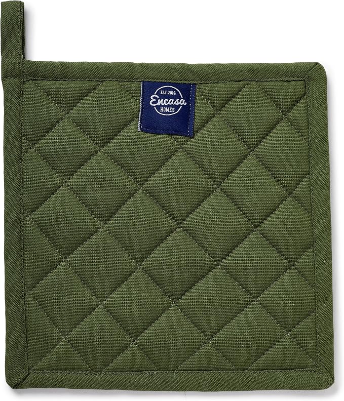 Encasa XO Pot Holders, Quilted Kitchen Hot Pads 8"x8" Leaf Green | 100% Heavyweight Cotton | Quilted Insulation | Multipurpose Trivets & Hot Pads | Hanging Loop | Set of 2