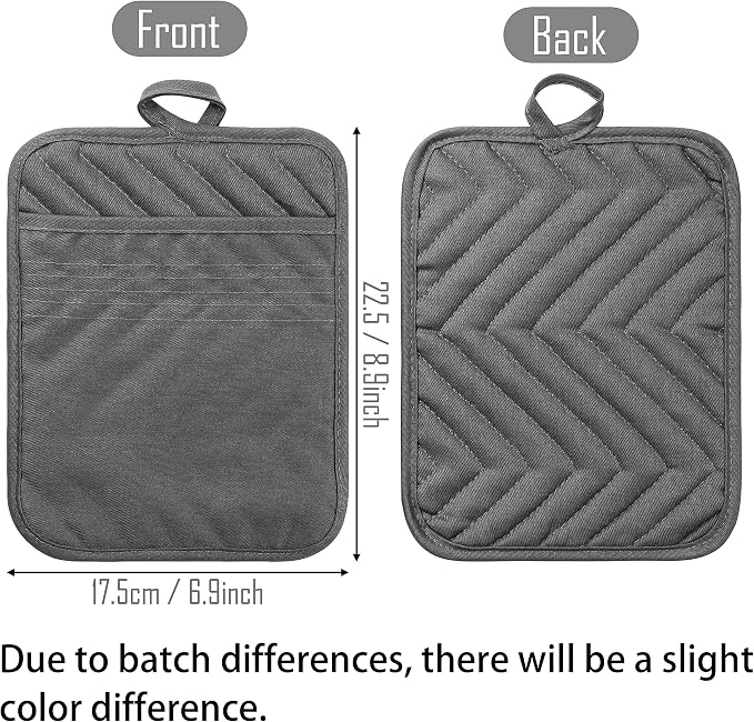 5Pack Pocket Pot Holders Cotton Heat Resistant Potholder Multipurpose Hot Pads Machine Washable Oven Mitts Cooking Pads Bulk for Daily Kitchen Baking and Cooking 8.9 x 6.9 Inch Grey