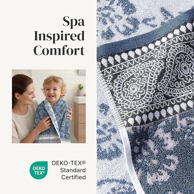 Modern Threads 6 Piece Bath Towel Set – Bathroom Set with 2 Bath Towels, 2 Hand Towels, and 2 Wash Cloths – 100% Cotton, Super Absorbent & Extra Soft – Reversible Floral Trail (Navy)
