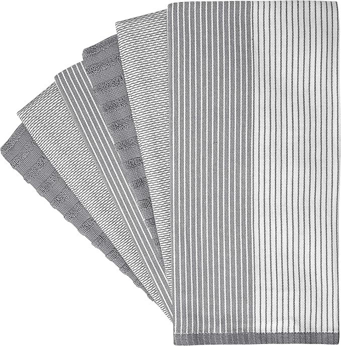 Premium Kitchen Towels 6 Pack 100% Cotton, 20"x28" Dish Towels - Grey | Large Flat & Terry Kitchen Linen Set with Hanging Loops, Highly Absorbent for Washing and Drying Dishes