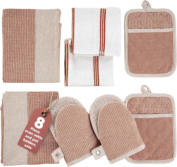 Casa Platino Potholders for Kitchens, 8-Piece – 500°F Heat Resistant Oven Mitts and Pot Holders, Mini Oven Mitt with Silicone Grip, 2 Kitchen Towels & 2 Dish Cloths – Durable & Non-Slip – Canyon Rose
