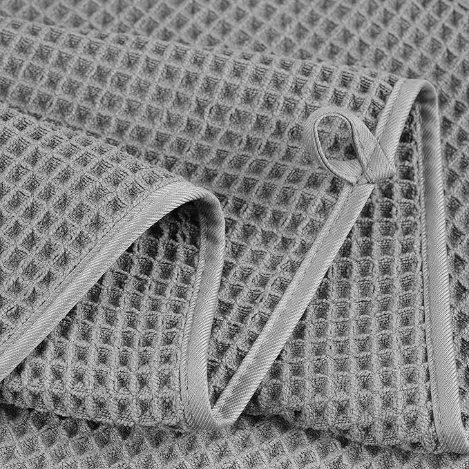 POLYTE 430 GSM Poly Blend Microfiber Quick Dry Waffle Bath Towel Set of 6 | 2-Body Towels, 2-Hand Towels, 2-Wash cloths, Oversize, Lint Free