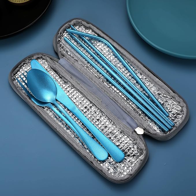 Portable Stainless Steel Flatware Set, Travel Camping Cutlery Set, Portable Utensil Travel Silverware Dinnerware Set with a Waterproof Case (Light Blue)