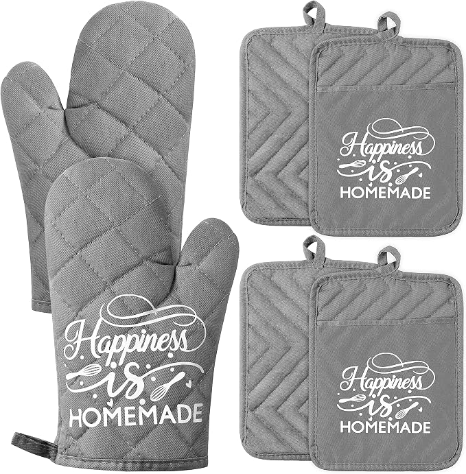 6Pcs Cotton Oven Mitts and Pot Holders Set Happiness is Homemade Heat Resistant Hot Pad Machine Washable Microwave Gloves with Hanging Loop Pocket Potholder for Kitchen Baking Cooking Grilling